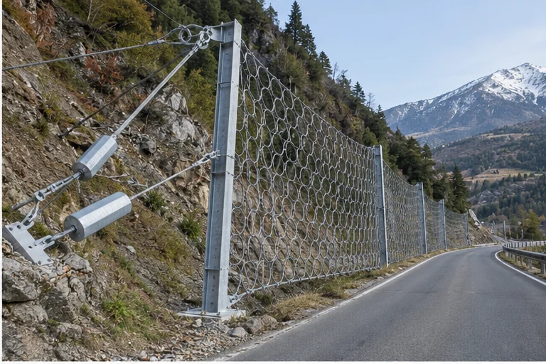 Dağ yolunun üst yamacında galvanizli çelik ağlı esnek kaya düşmesi bariyeri